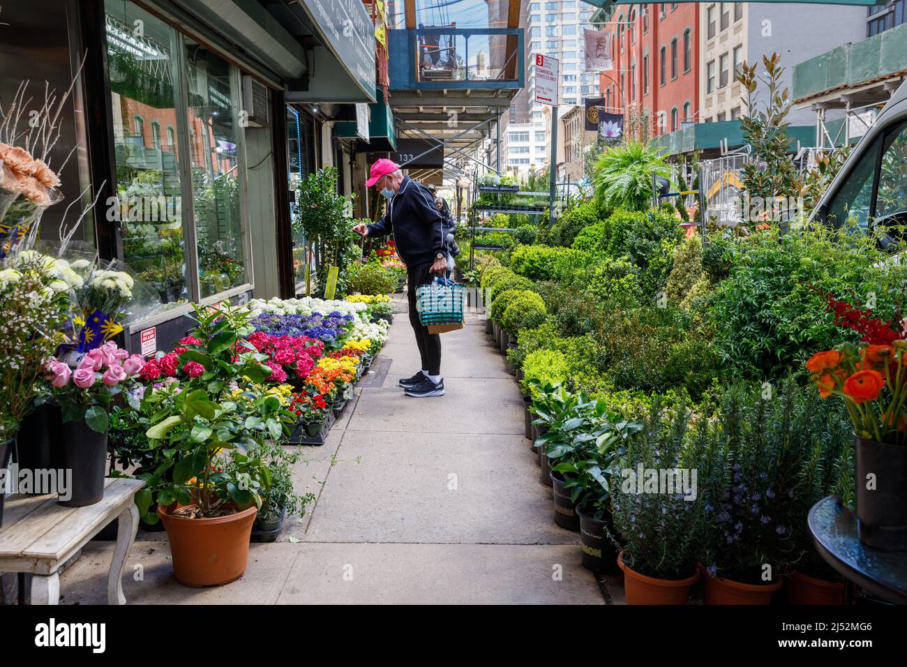 Acera escénica en el Distrito de las Flores, 28th Street, Manhattan, Nueva York, NY, EE.UU. Foto de stock