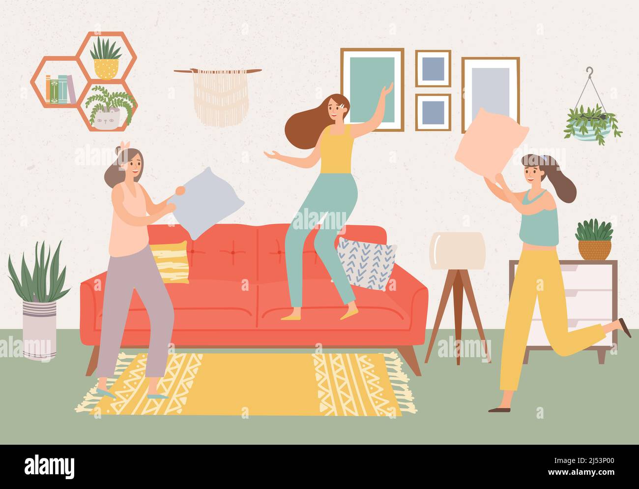 Mujeres amigos fiesta en casa con lucha de almohadas. Amistad vectorial y lucha de pijamas, actividad de juego, relajarse para la ilustración de la mujer Ilustración del Vector