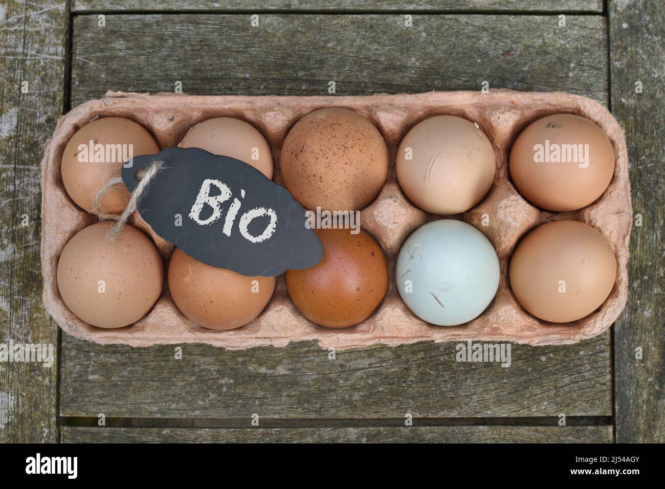 Pizarra con la inscripción 'BIO' en los huevos de pollo en la caja de huevos, Alemania Foto de stock