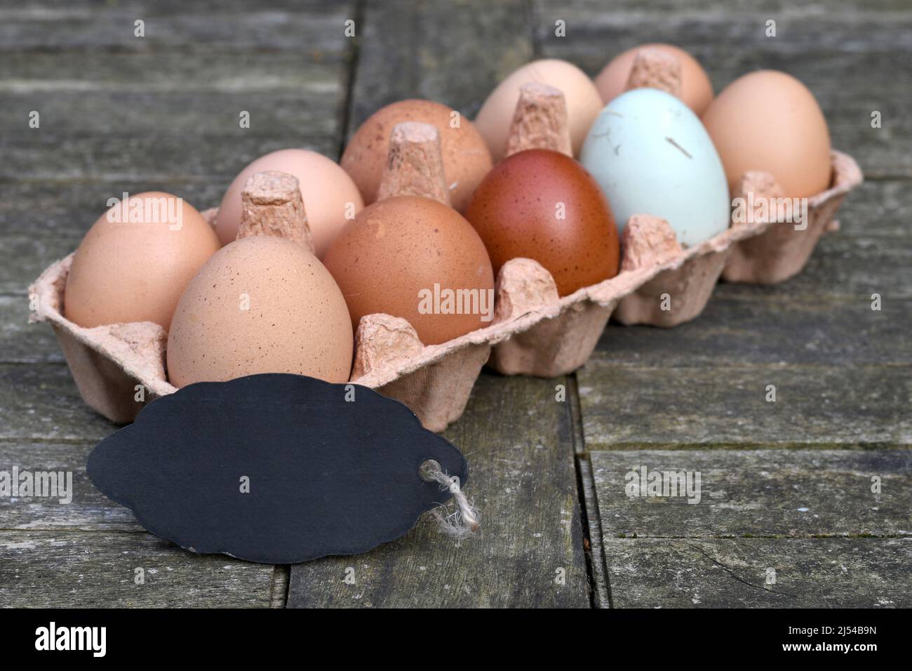 Vacíe la pizarra delante de los huevos de pollo en la caja de huevos, Alemania Foto de stock