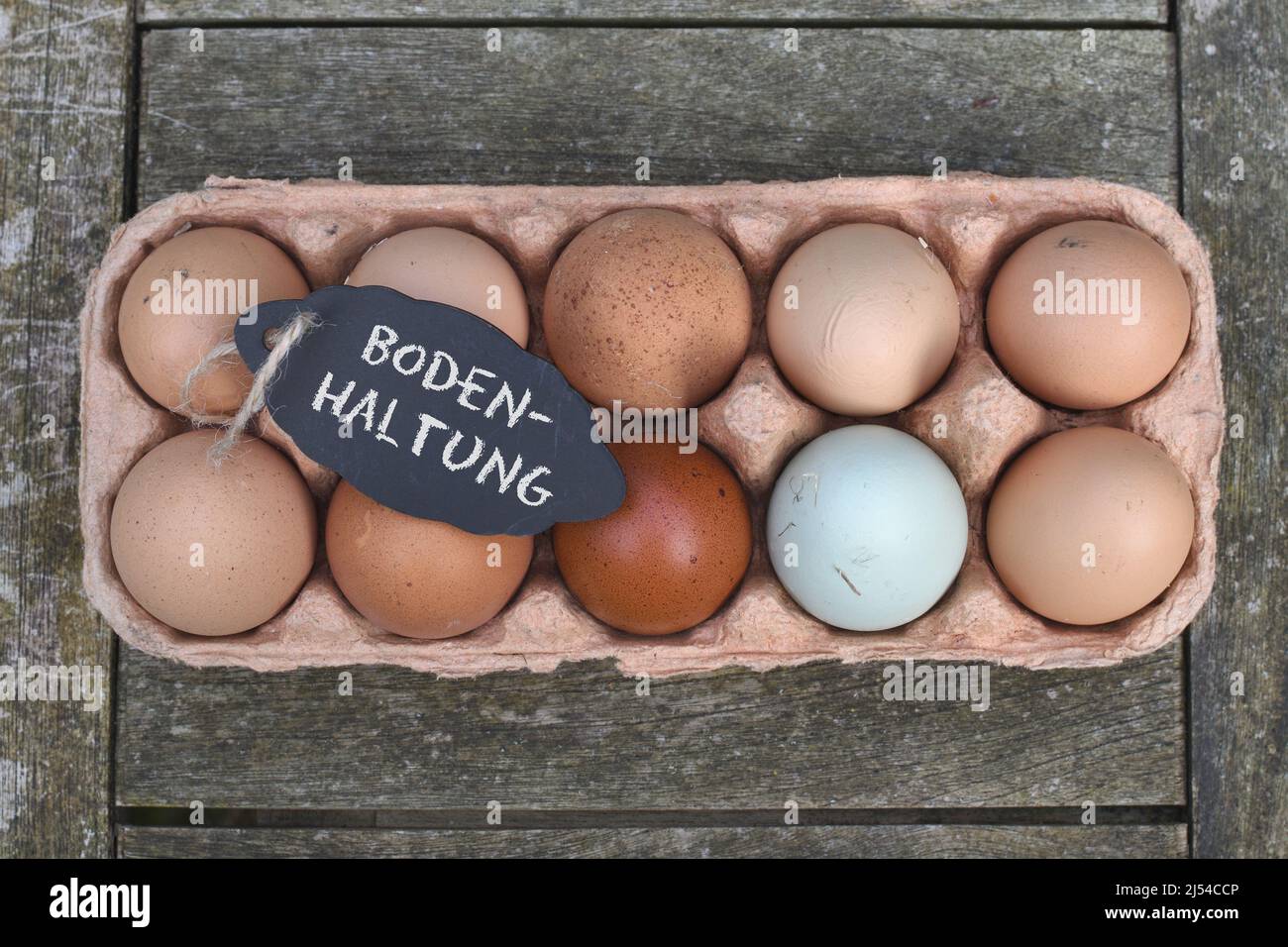 Pizarra con la inscripción 'Bodenhaltung' sobre huevos de pollo en la caja de huevos, Alemania Foto de stock