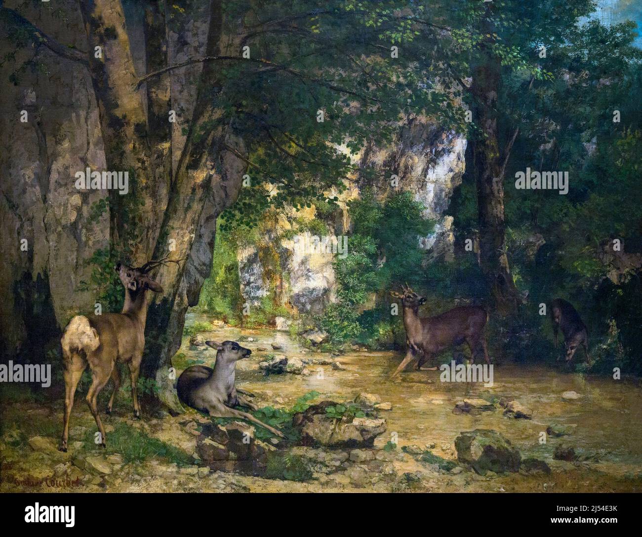 Regreso del ciervo al arroyo en Plaisir Fontaine, La remise des Chevreuils au ruisseau de Plaisir-Fontaine, Gustave Courbet, 1866, Musee D'Orsay Foto de stock