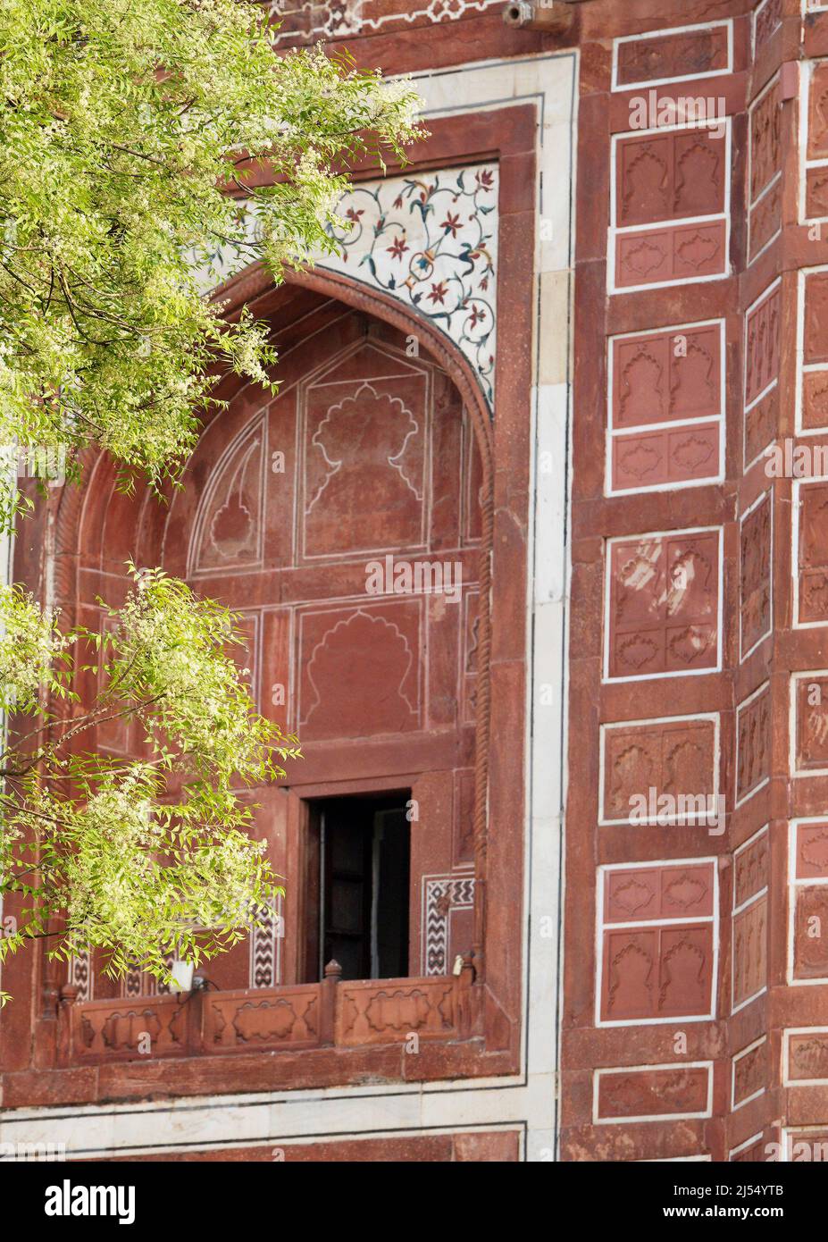 Cerca de la pared de arenisca roja en Taj Mahal, India Foto de stock