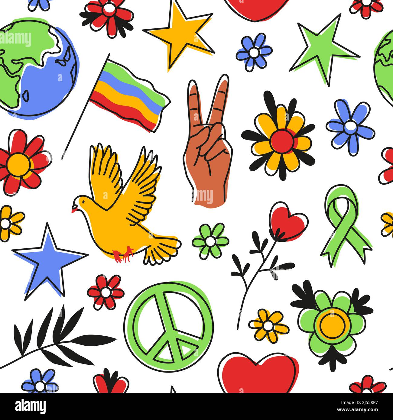 Símbolos de paz patrón sin costuras. 60s hippie psychedelic papel tapiz,  repetir amor, libertad y elementos ecológicos, detener la guerra, fondo  blanco. Decoración Imagen Vector de stock - Alamy