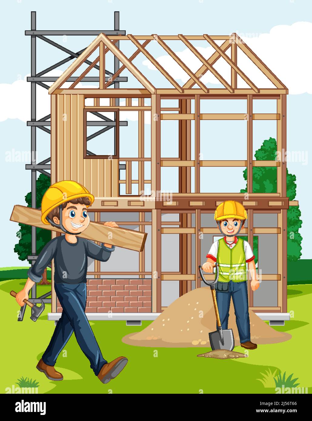 Escena de dibujos animados de la construcción de la casa de la obra  ilustración del sitio Imagen Vector de stock - Alamy