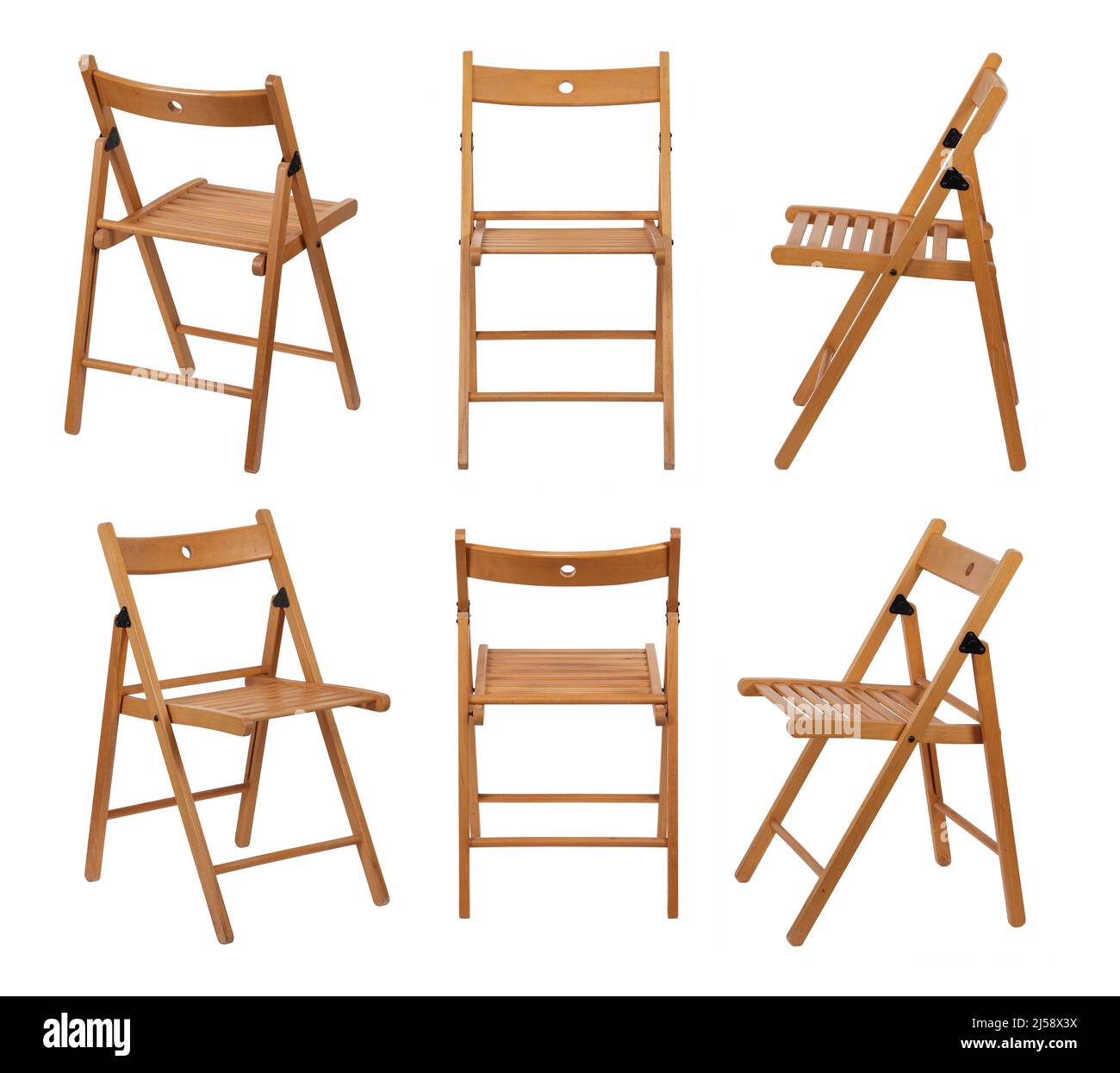 Seis ángulos de una silla de madera plegable en blanco con trazado de recorte Foto de stock