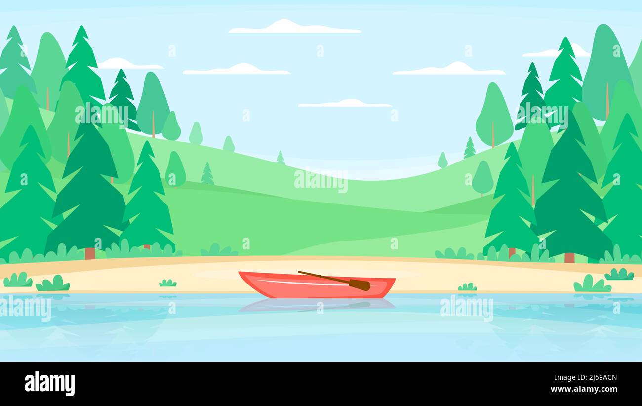 Paisaje de verano con bosque en las colinas. Barco cerca de la orilla del río. Parque nacional o reserva con lago. Fondo natural. Vector Ilustración del Vector