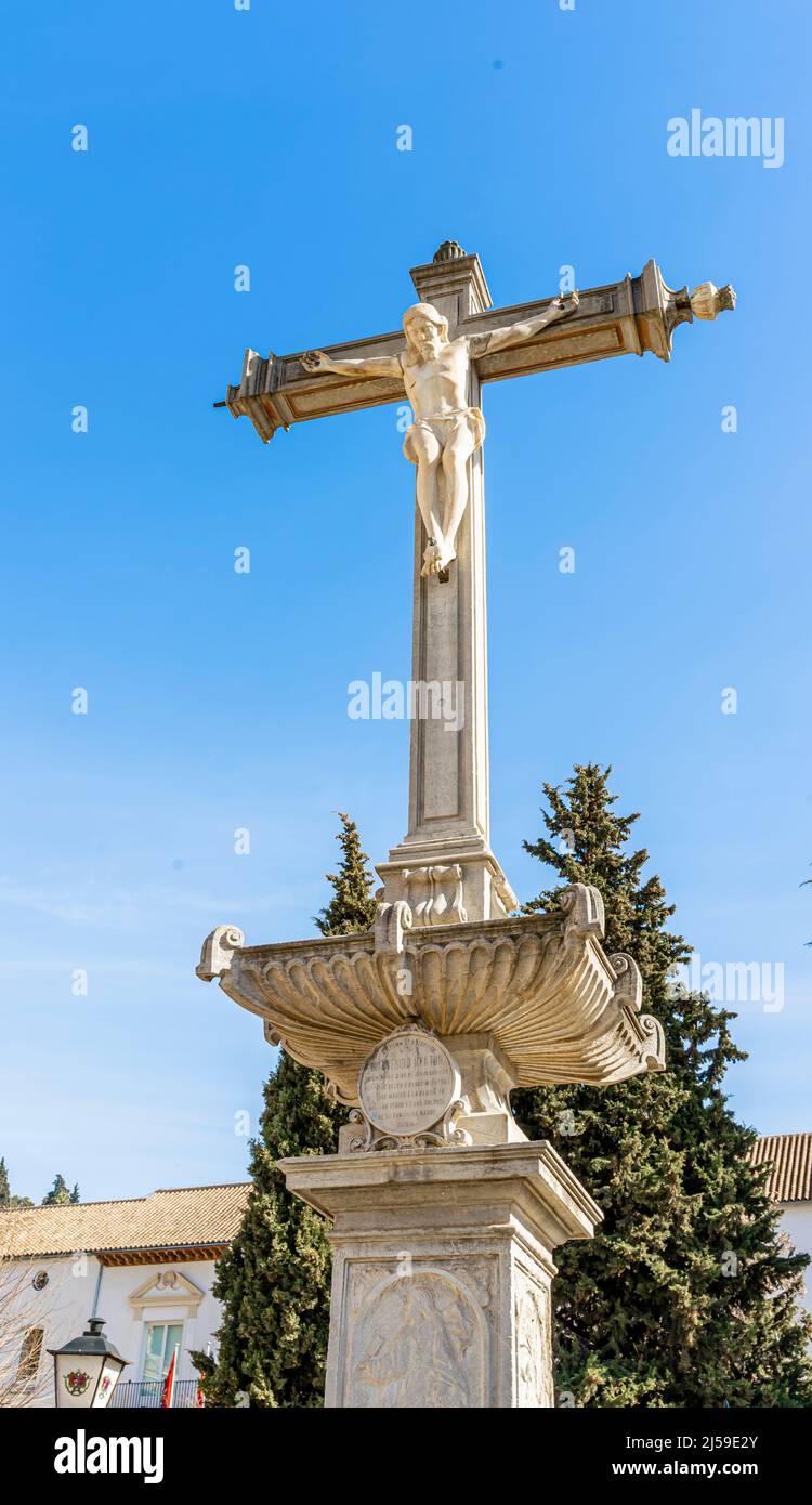 Monumento del Cristo de los Favores, Granada, España. El Complejo Escultura fue erigido por votación de los residentes del Realejo, 1640 en la Plaza de Fortuny Foto de stock