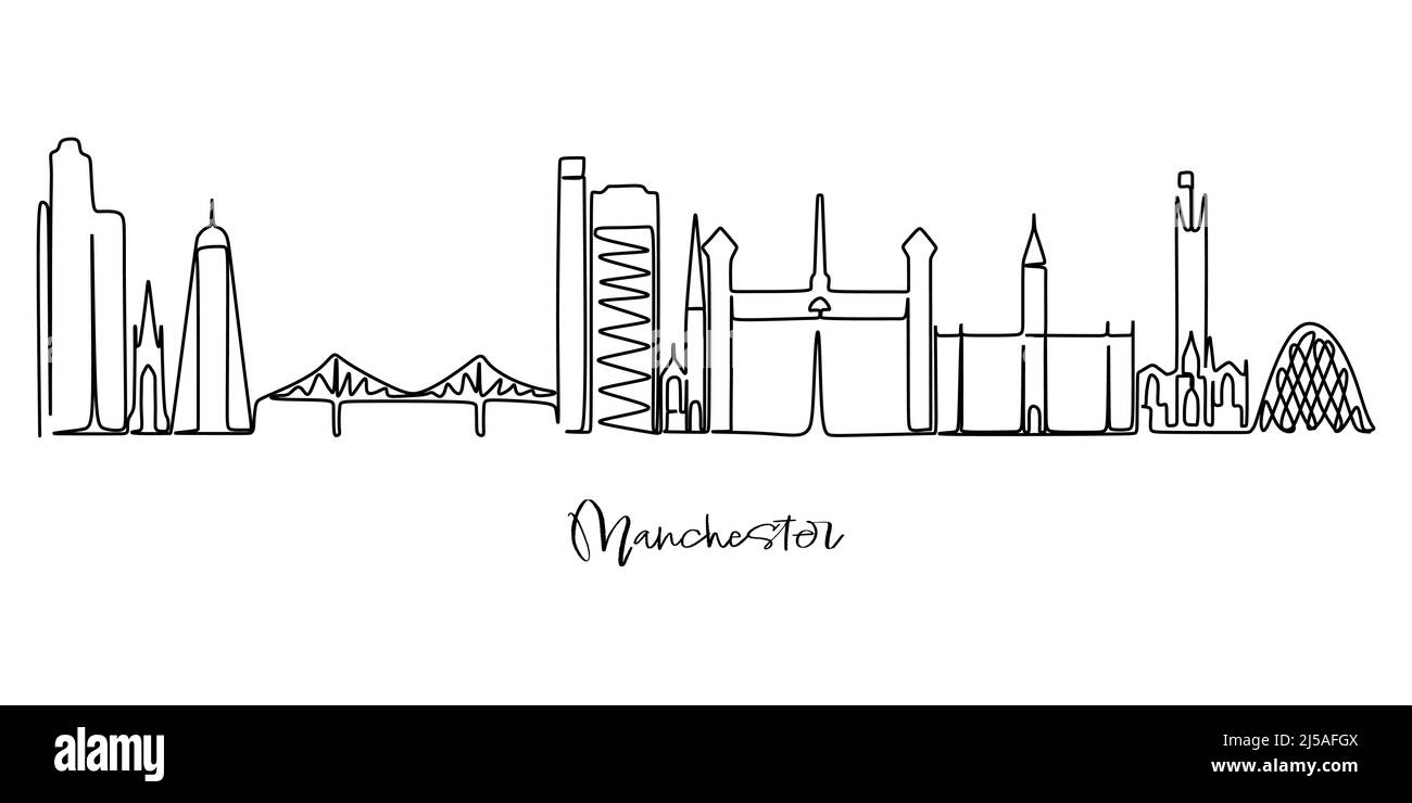 Dibujo de la línea sigle del horizonte de la ciudad de Manchester. Ciudad rascacielos paisaje en el mundo. El mejor destino vacaciones pared decoración póster arte vacaciones concip Ilustración del Vector