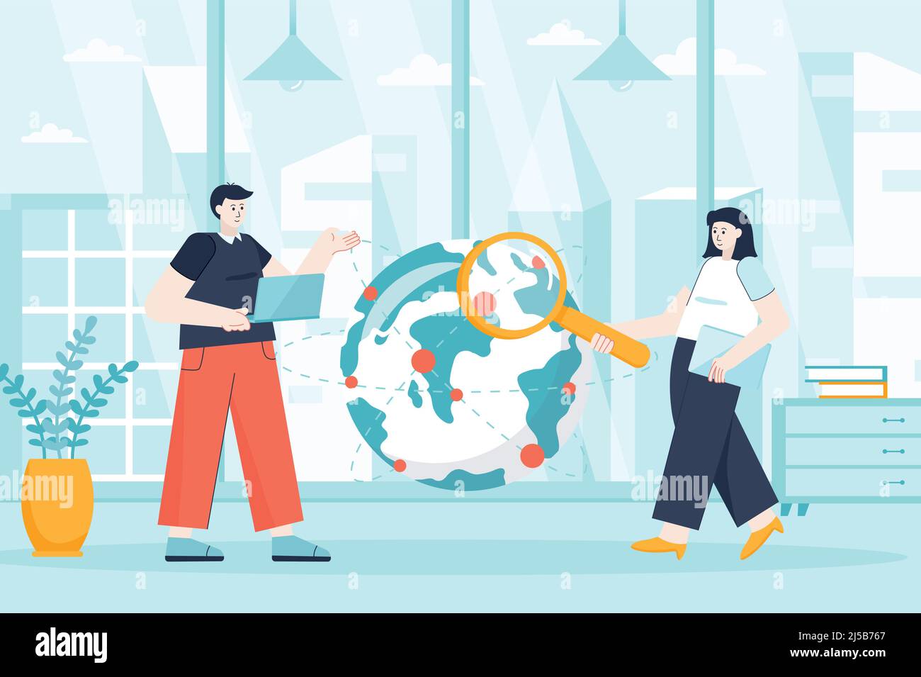 Concepto de empresa de externalización en diseño plano. Trabajadores