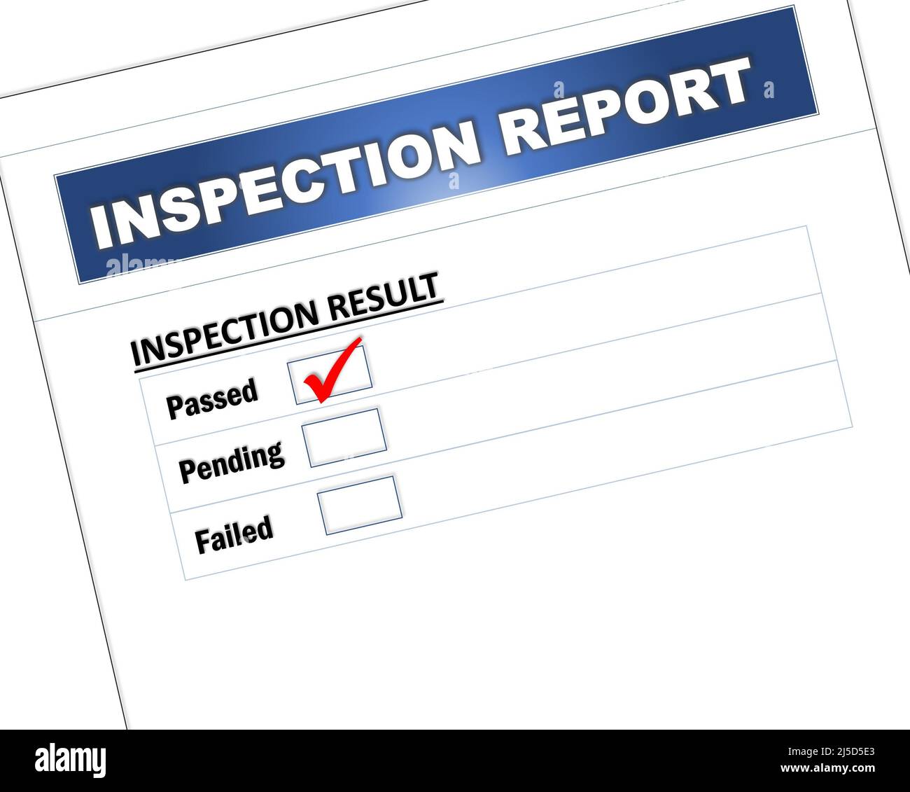 El formulario Informe de inspección contiene los resultados de las casillas de verificación aprobados, pendientes y fallidos que utiliza el personal de auditoría. Concepto de auditoría y negocio. Foto de stock