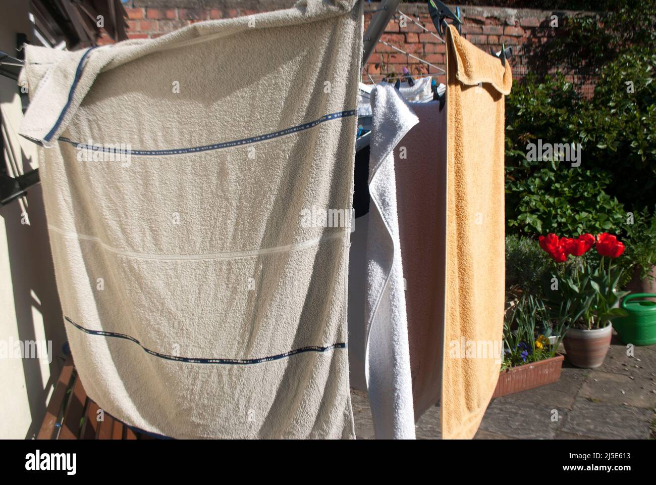 Primer plano de toallas / lavado colgando en una línea de paños montados en la pared en el jardín en Ruskington, Sleaford, Inglaterra, Reino Unido Foto de stock