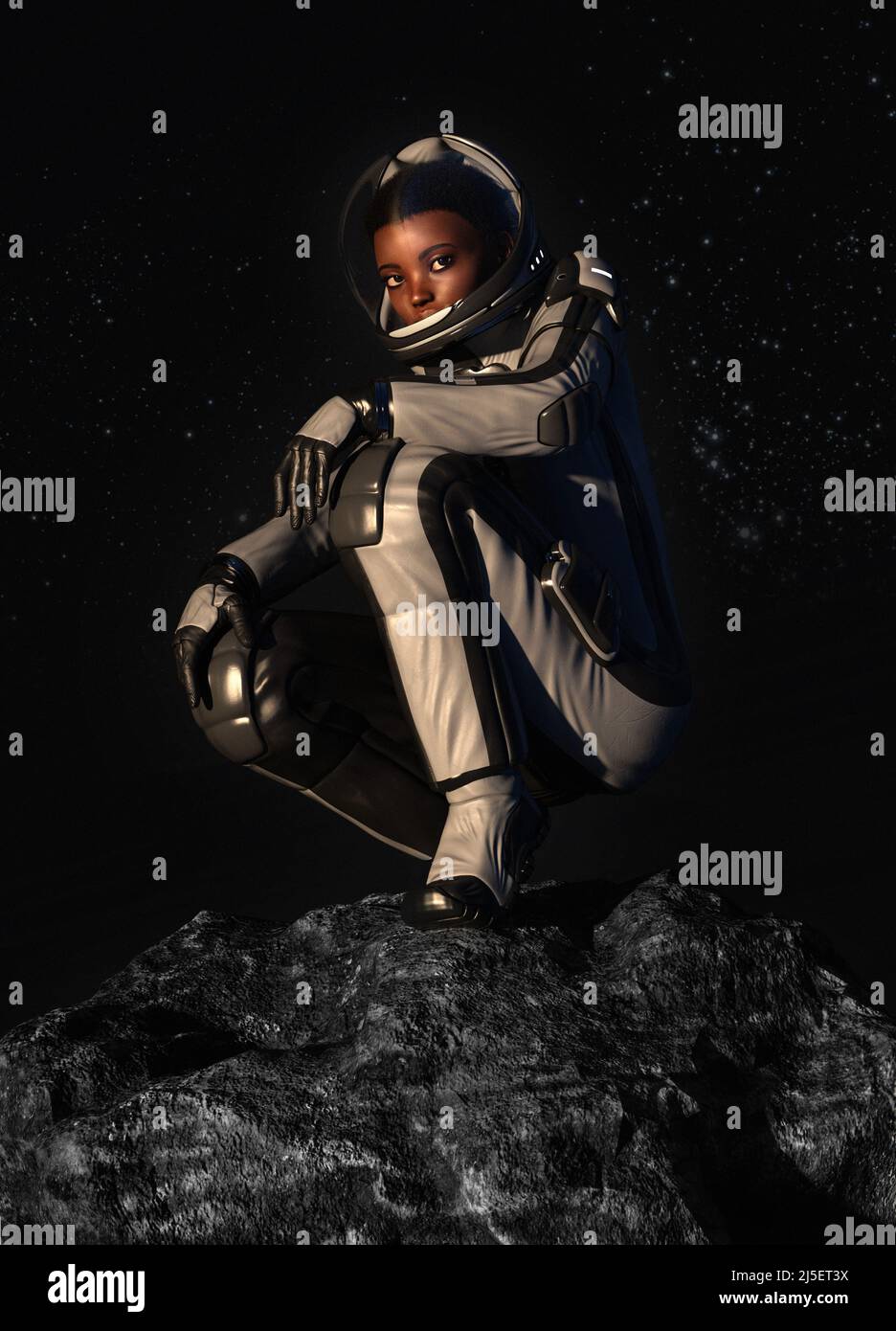 Astronauta sentado en una roca, ilustración Foto de stock