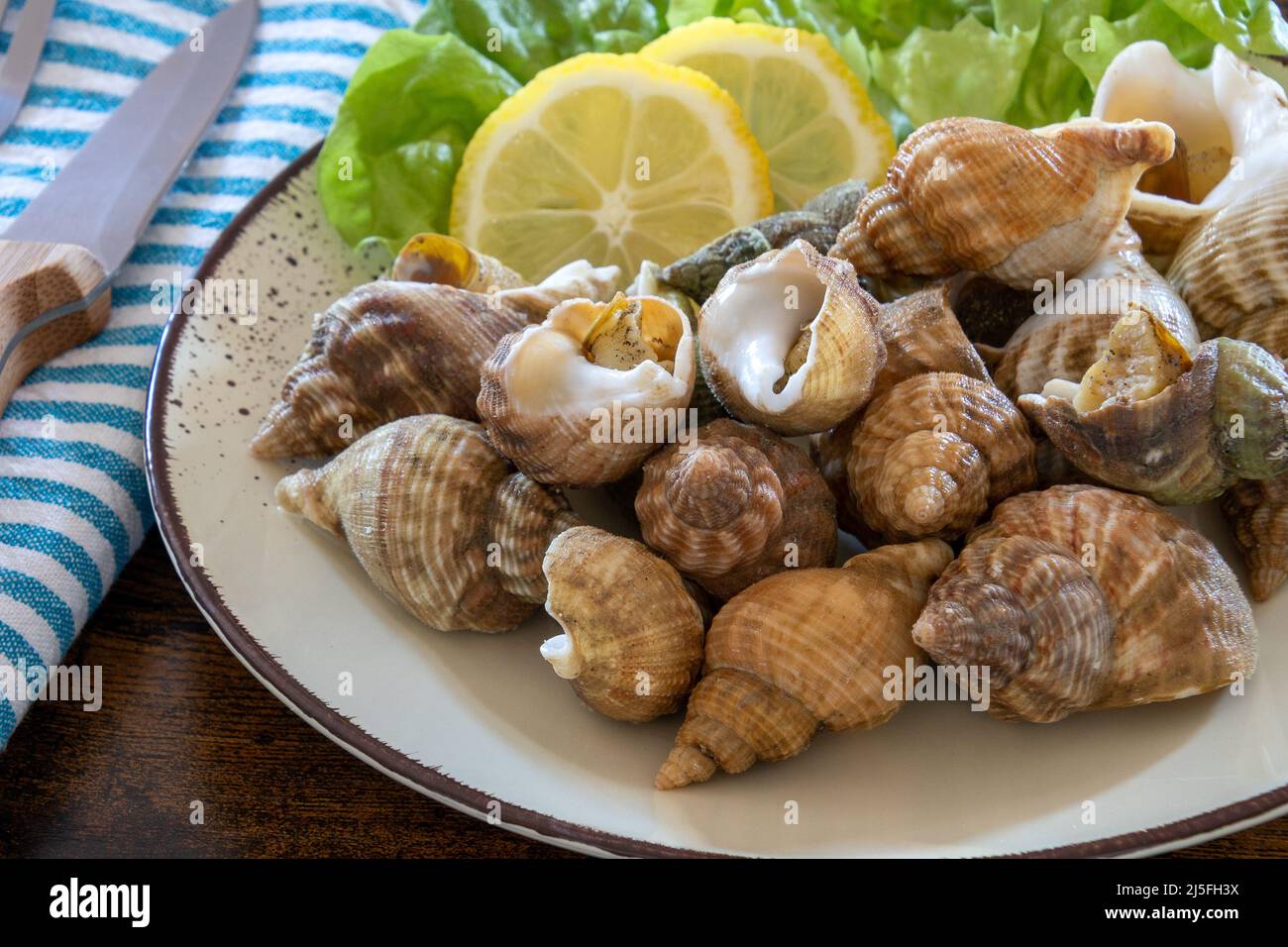 whelks cocinados en un plato con ensalada y limón Fotografía de stock -  Alamy