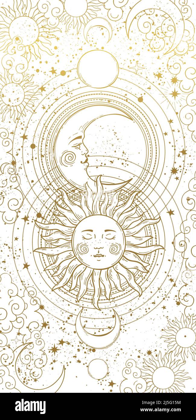 Círculo mágico de sol y luna. Conjunto de símbolos de ilustración de  vectores del sol, la luna y las nubes adornadas con marcos de círculos  dorados sagrados. Elementos místicos del cielo nocturno