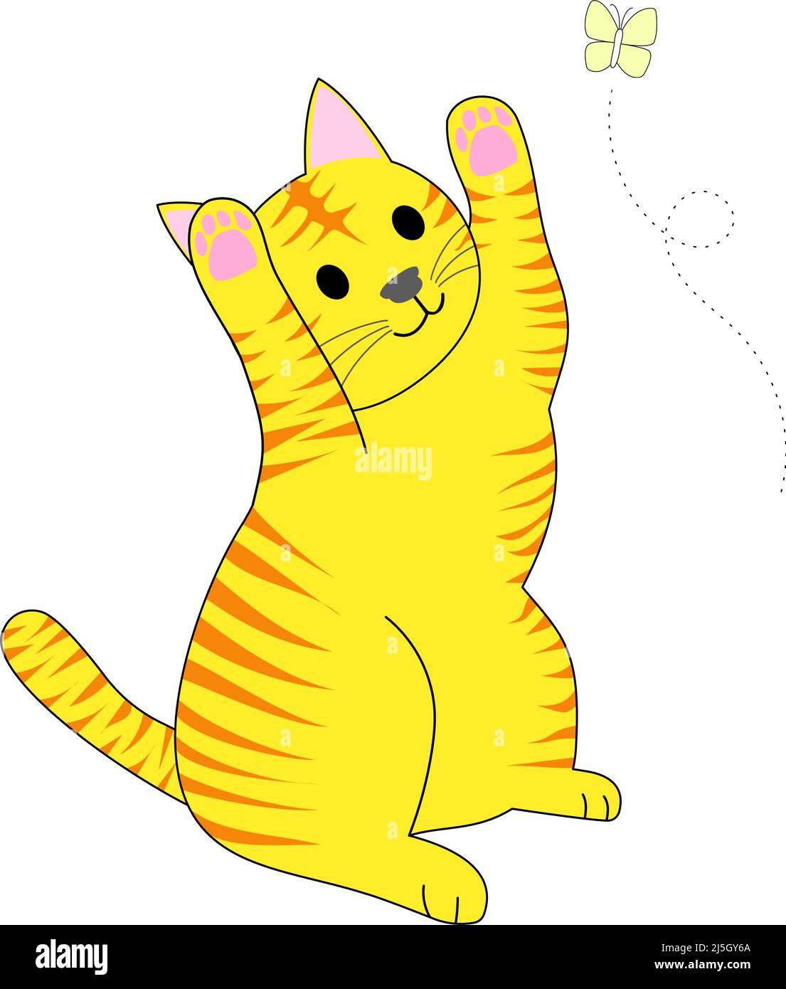 Un Gato Tabby Jugando Y Una Mariposa Amarilla Voladora Con Fondo Blanco Imagen Vector De Stock 