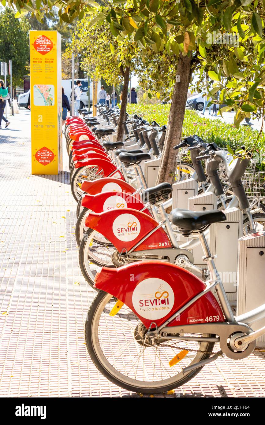 Fila o línea de paseo eléctrico sevici compartiendo bicicletas para  alquilar y alquilar en Sevilla sevilla españa Fotografía de stock - Alamy