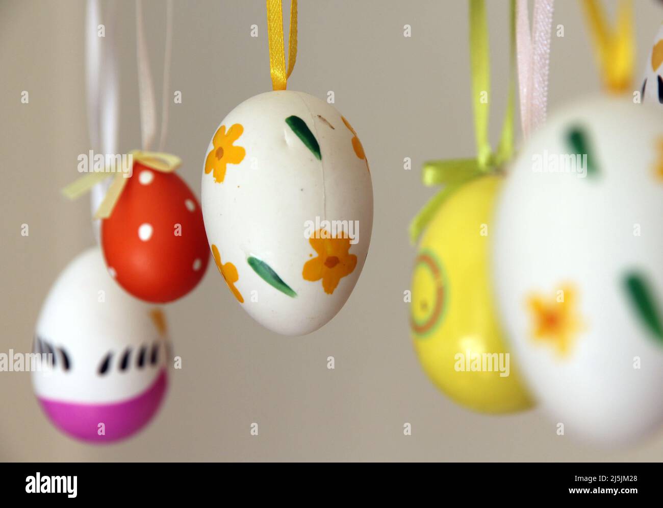Huevos de Pascua exhibidos en la rama Foto de stock