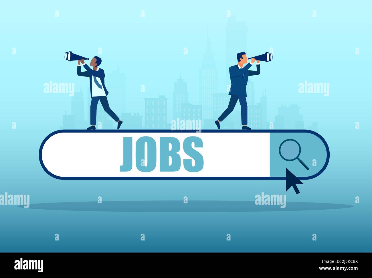 Vector de dos empresarios que buscan un trabajo de pie en una barra de búsqueda Ilustración del Vector
