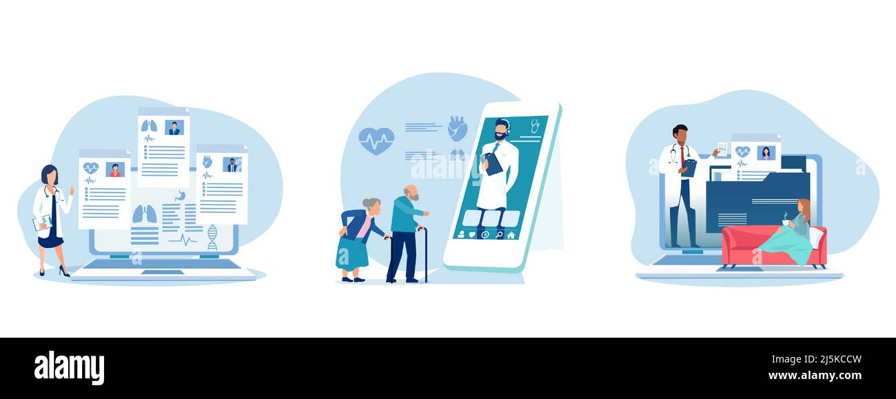 Conjunto de ilustraciones de servicios médicos en línea. Médicos que dan consultas en línea a los pacientes Ilustración del Vector