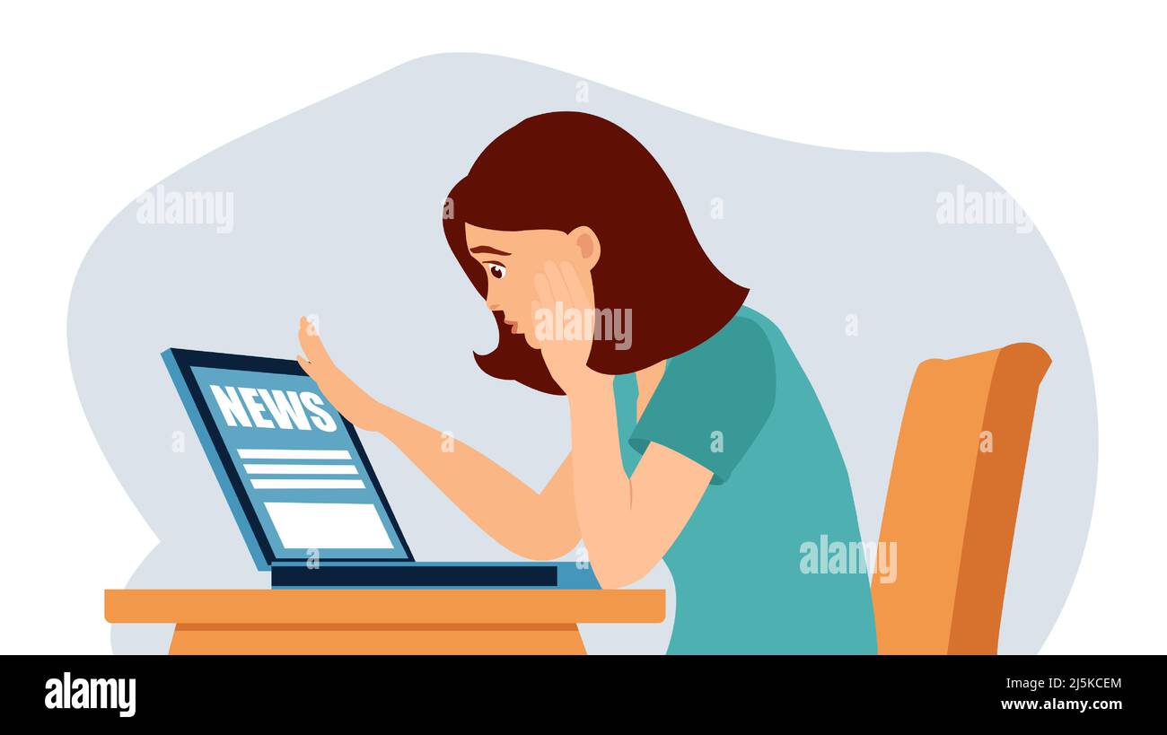 vector de una mujer joven en casa observa malas noticias en el portátil con miedo y sorpresa Ilustración del Vector