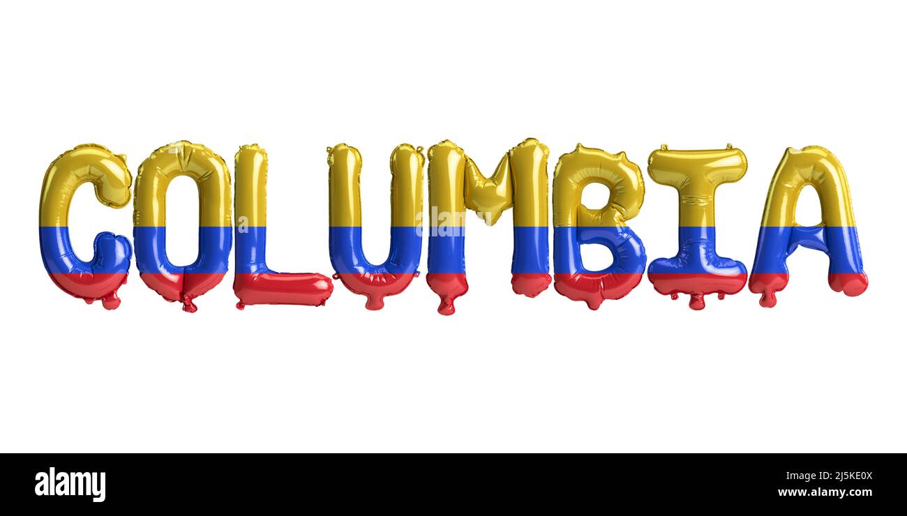 3D ilustración de globos de la letra Columbia con banderas de color