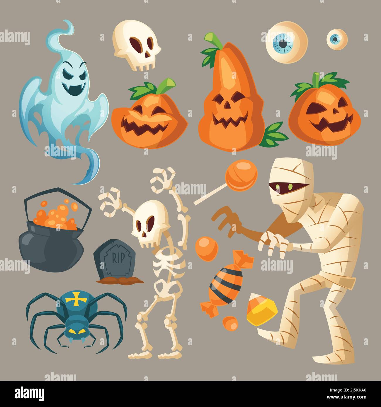 Vector objetos de Halloween - fantasma aterrador, momia espeluznante y  araña oscura. Esqueletos de dibujos animados, diferentes calabazas con  dulces dulces aislados en gris backgr Imagen Vector de stock - Alamy