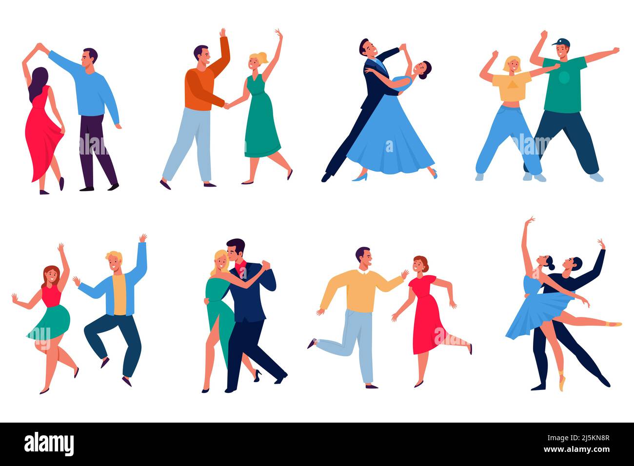 Parejas de baile de dibujos animados. Diferentes bailarines actuando,  felices en trajes de escenario, divertidos personajes de dibujos animados,  hombres y mujeres, vals y tango Imagen Vector de stock - Alamy