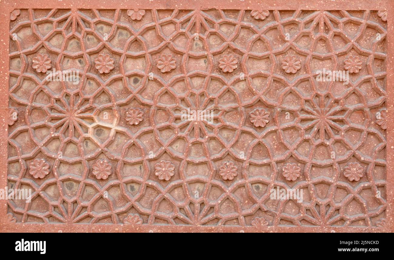 Detalle de pared decorativa de Agra Fort, Foto de stock
