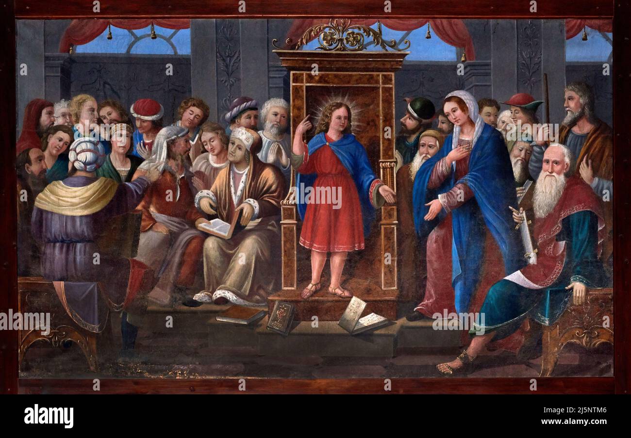 Gesù tra i dottori al tempio - olio su tela - Fabio Ravasi - 1876 - Ponte Caffaro (Bs),Italia, chiesa parrocchiale di San Giuseppe Foto de stock
