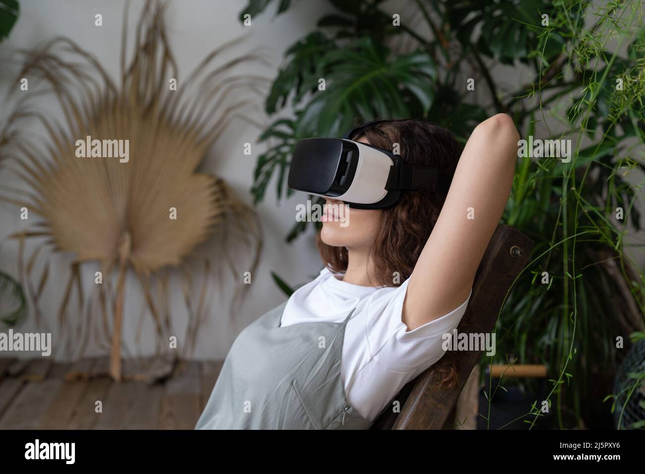 Mujer joven asombrada usando VR en el jardín casero, descansando en  ambiente virtual relajante. El ciberespacio Fotografía de stock - Alamy