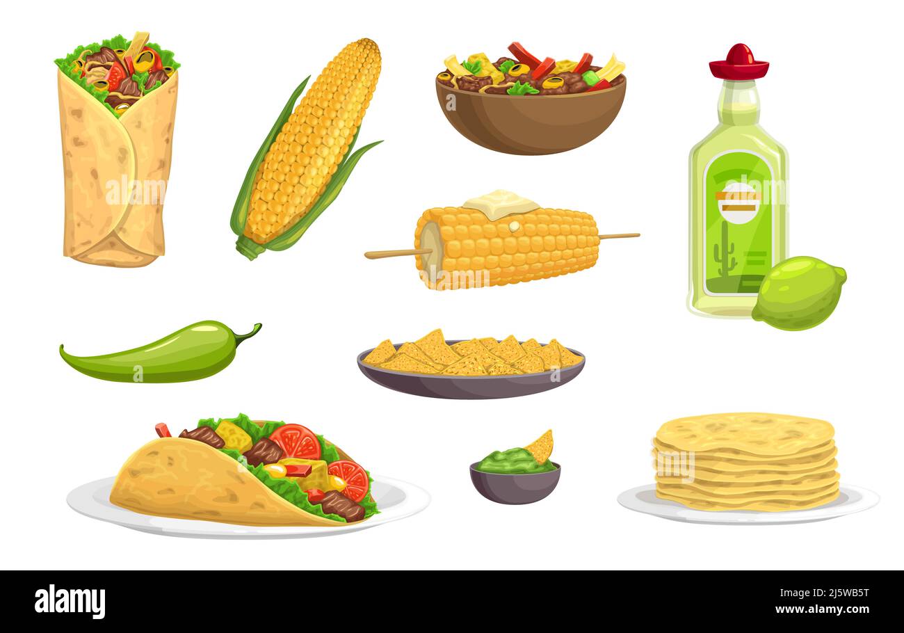 Comidas de cocina mexicana, juego de comida y bebida de dibujos animados. Vector burrito, taco, guacamole aguacate y salsa, tequila, nachos y tortilla, plato de ternera tex-mex, maíz cocido, chile o pimiento Comidas de cocina mexicana, juego de comida y bebida de dibujos animados. Vector burrito, taco, guacamole aguacate y salsa, tequila, nachos y tortilla, plato de ternera tex-mex, maíz cocido, chile o pimiento