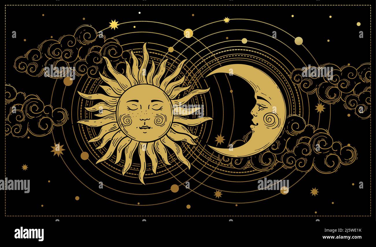 Bandera mística del boho del cielo, sol dorado y luna con una cara sobre un  fondo negro. Estampado mágico para astrología, tarot, bruja, misticismo,  yoga. Poste vectorial Imagen Vector de stock -