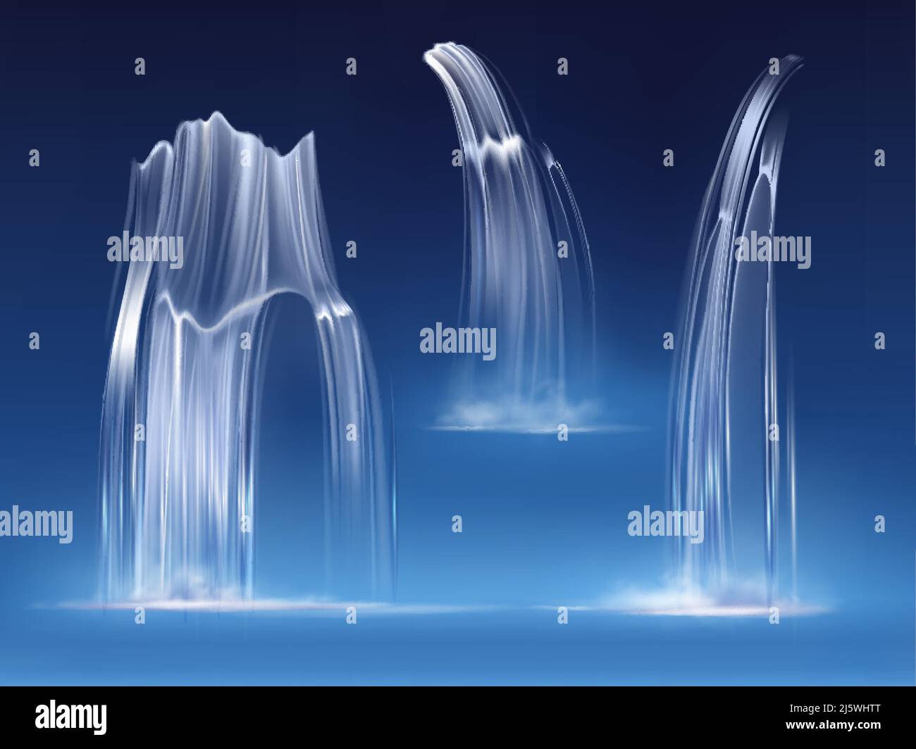 Cascada cascada, corrientes realistas de caída de agua conjunto de líquido puro con niebla de diferentes formas aisladas sobre fondo azul. Río, fuente elemento f Ilustración del Vector