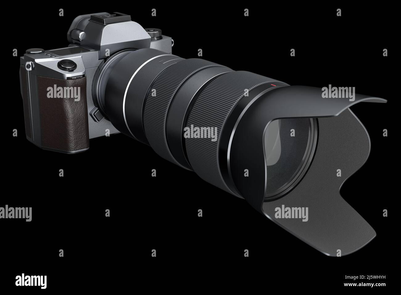 Concepto de cámara réflex inexistente con lente aislada sobre fondo negro. Foto de stock