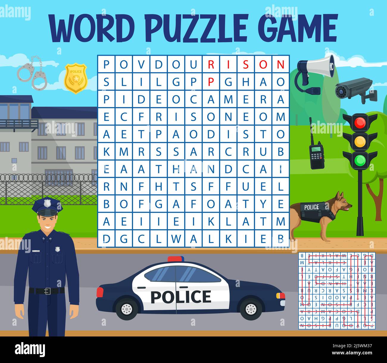 Policía, ley y policía, búsqueda de palabras puzzle hoja de trabajo juego,  cuadrícula vectorial. Los niños se acercan a buscar palabras en la rejilla  con coche de policía, esposas, perro, insignia de