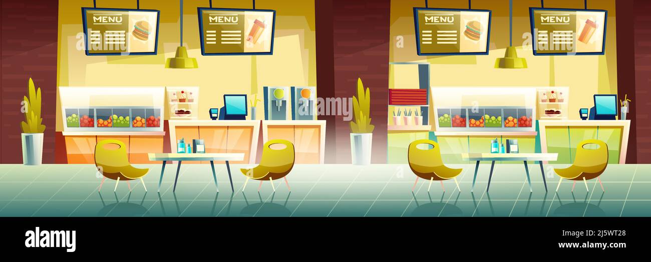 Café interior de comida rápida con escritorios de caja, vitrinas, pancartas  de menú de hamburguesas y bebidas, mesas y sillas. Cafetería vacía con  muebles, comida rápida CO Imagen Vector de stock -