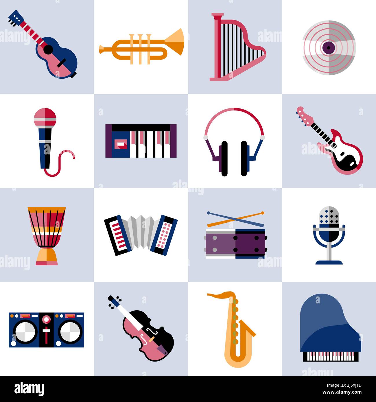 Instrumentos musicales iconos con guitarra trompeta arpa vinilo aislado ilustración vectorial. Ilustración del Vector