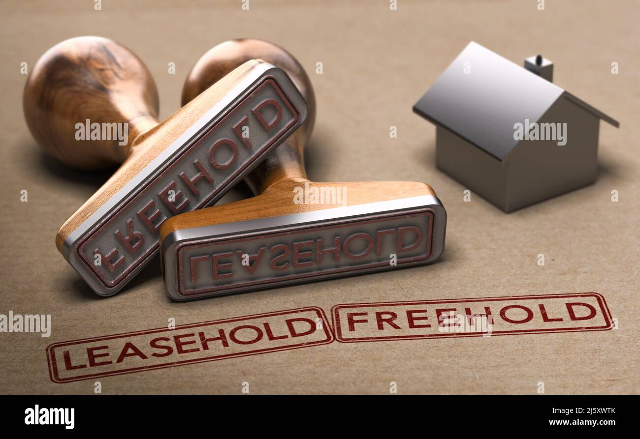 Dos palabras, leasehold y freehold impresas en un papel marrón con dos sellos de goma. ilustración 3d. Foto de stock