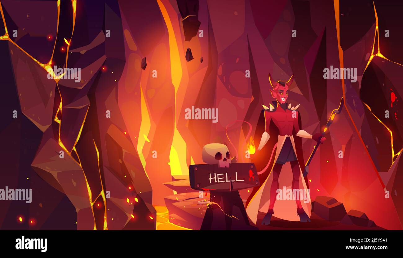 Diablo en el infierno, horned heck con los cascos sostener el pitchfork stand en la entrada a la cueva caliente infernal con lava, fuego ardiente y la calma en el cartel, camino de pavé Ilustración del Vector