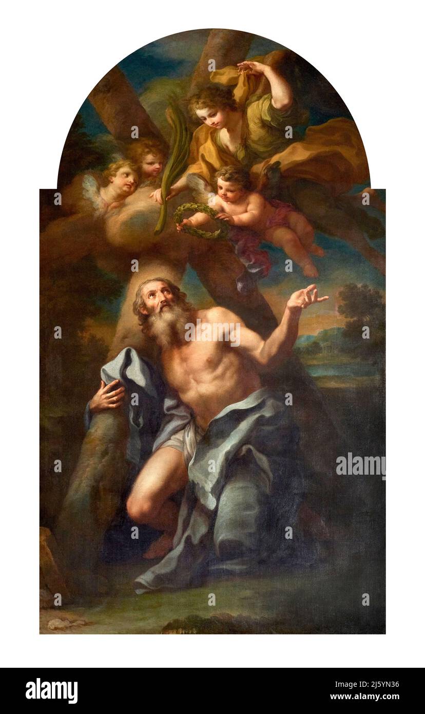S. Andrea Abraccia la croce - olio su tela - Sebastiano Conca - XVIII secolo - Besate (MI), Italia, chiesa parrocchiale di S. Michele Arcangelo Foto de stock