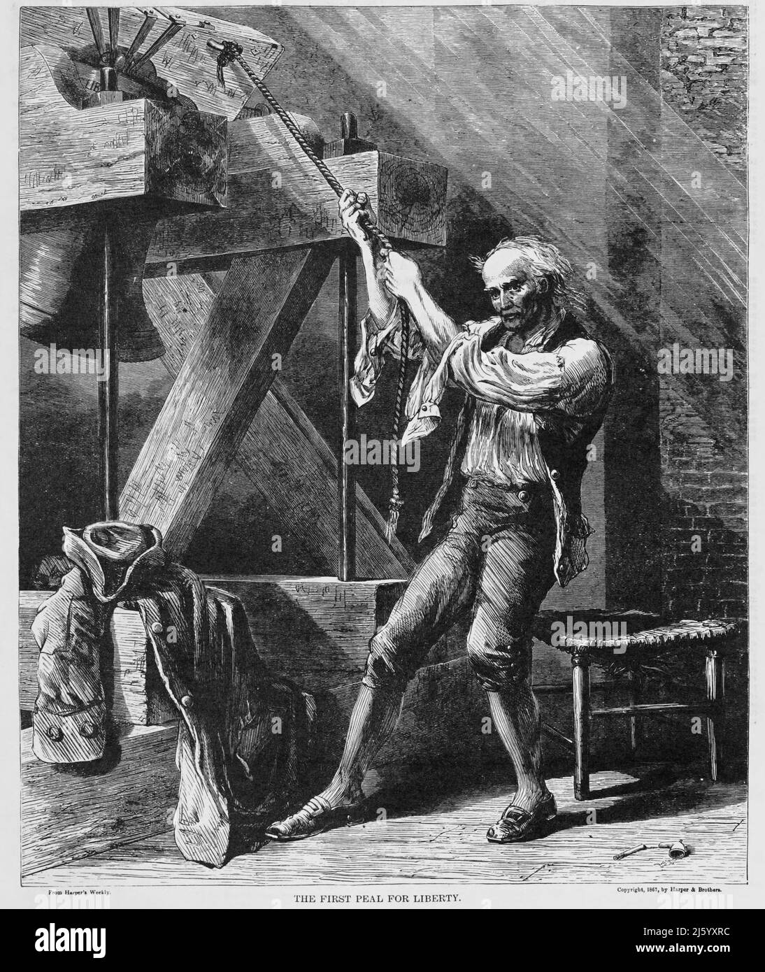 El primer Peal por la Libertad en la Guerra Revolucionaria Americana. ilustración del siglo 19th Foto de stock