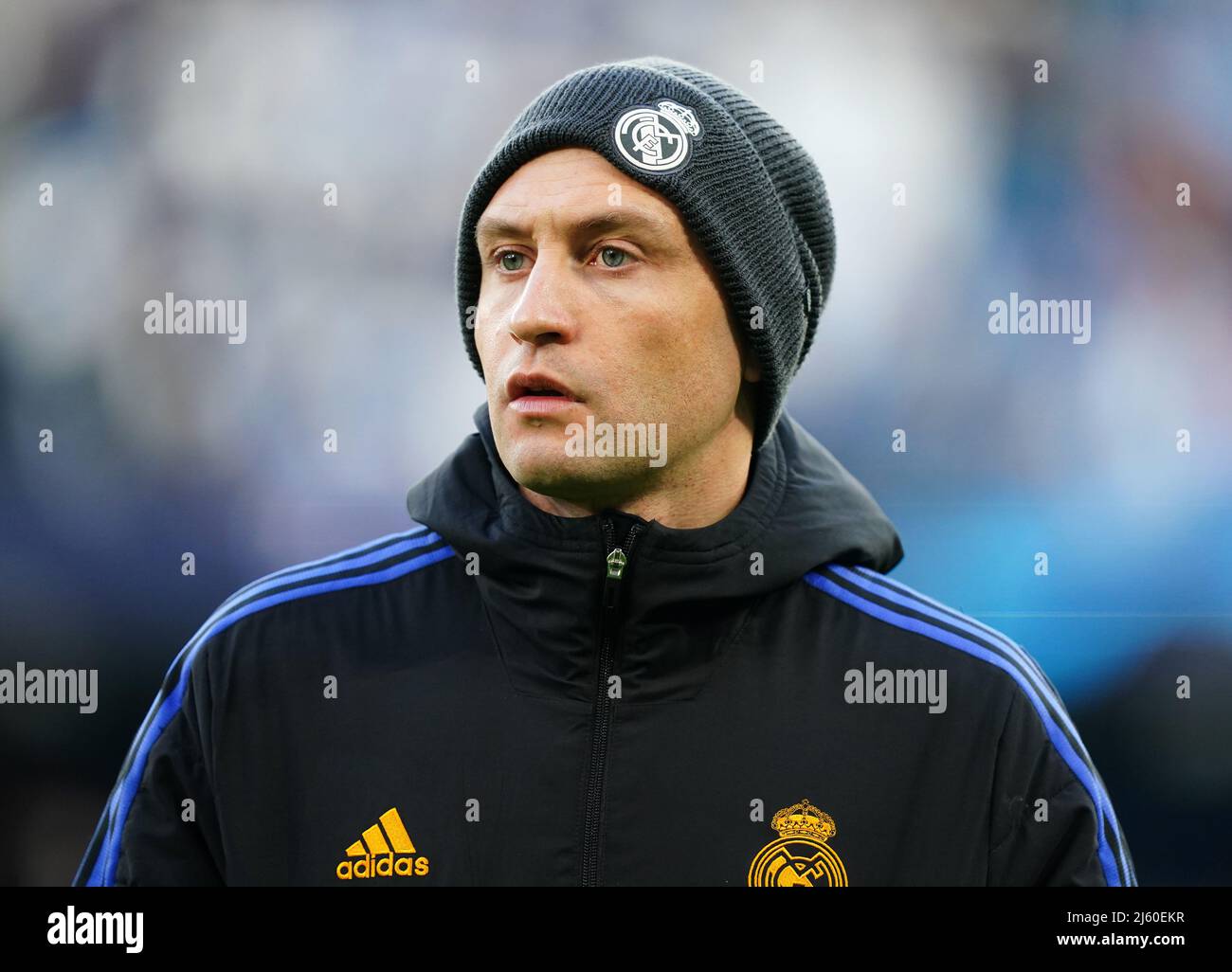 Real Madrid El entrenador técnico Francesco Mauri durante la semifinal de  la Liga de Campeones de la UEFA, primera pierna, en el estadio Etihad,  Manchester. Fecha de la foto: Martes 26 de