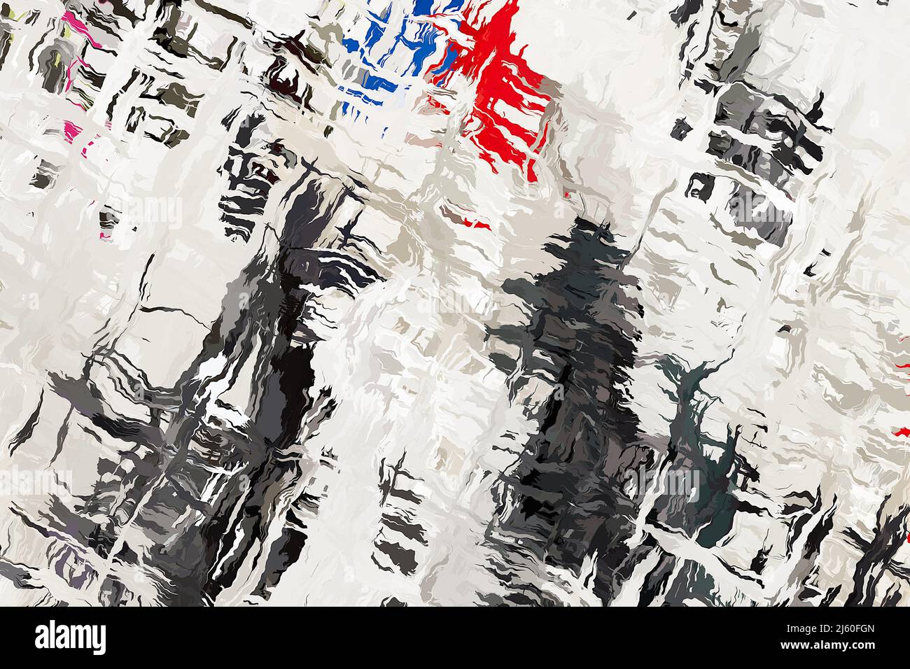 Elegante y elegante textura abstracta de un patrón blanco y negro ondulado con manchas de color. Fondo original, delicado y ventilado, en tonos grises, rojo y azul. Foto de stock