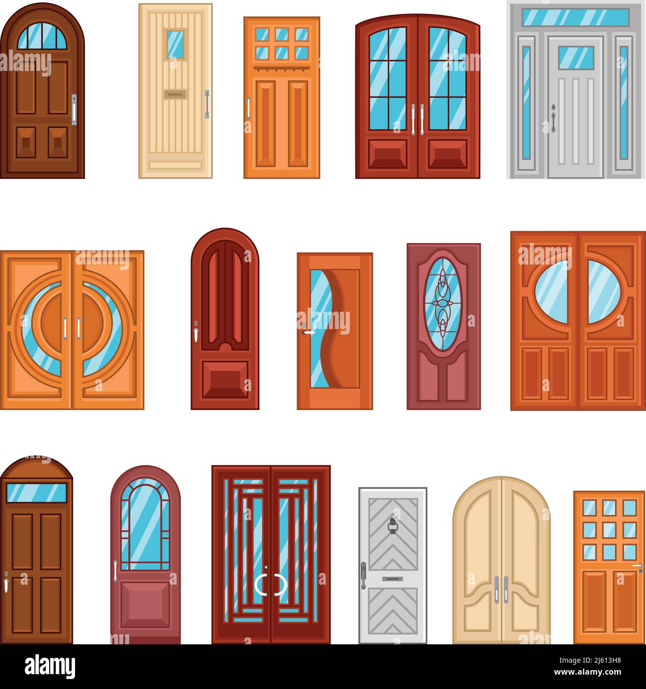 Diseño de la colección de coloridas puertas delanteras e interiores para casas privadas y edificios públicos ilustración de vector plano Ilustración del Vector