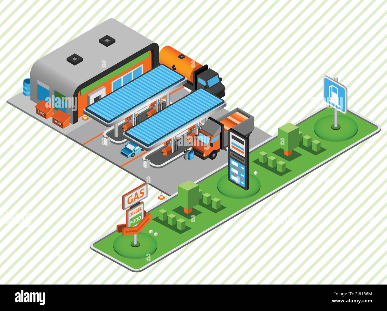 Gasolina y diesel de combustible de plástico construcción de la estación de juguete con tienda de alimentos composición isométrica resumen vector ilustración Ilustración del Vector