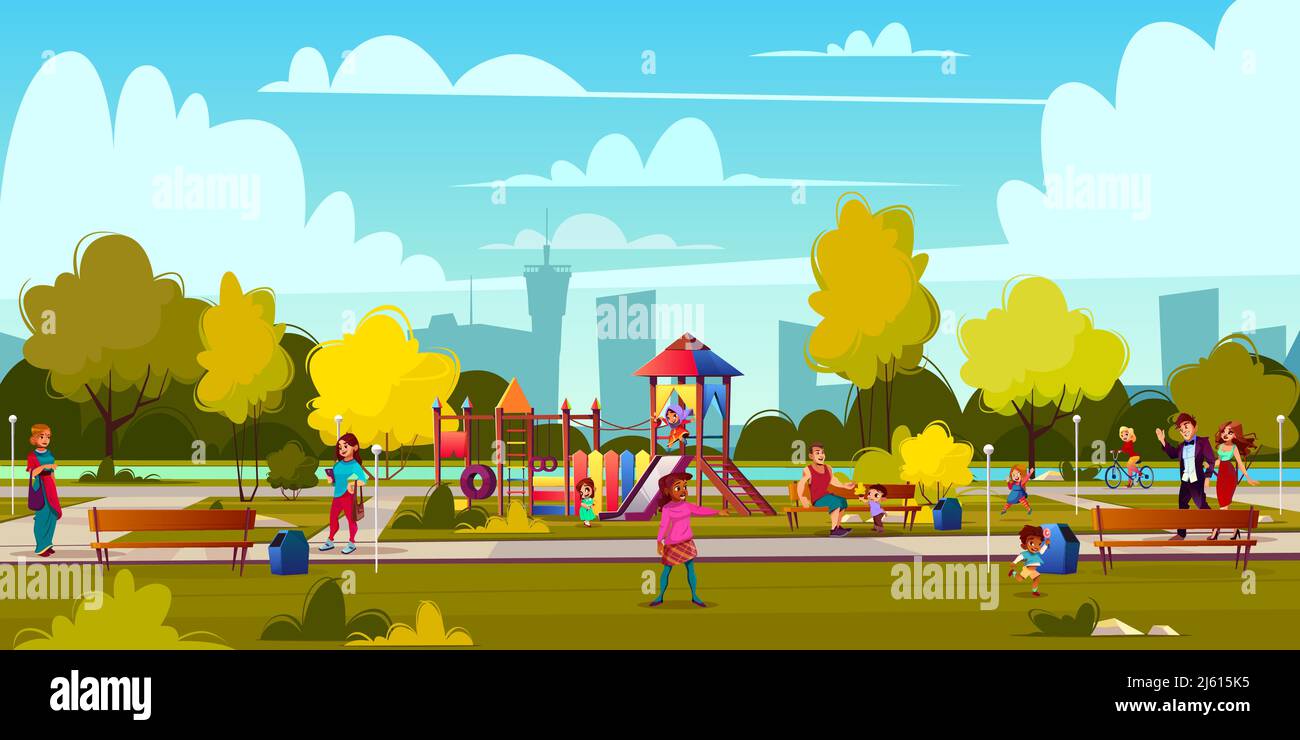 Vector de fondo de juegos de dibujos animados en el parque con la gente,  niños jugando. Paisaje con árboles verdes, plantas y arbustos. Área de  recreación para chicas Imagen Vector de stock -