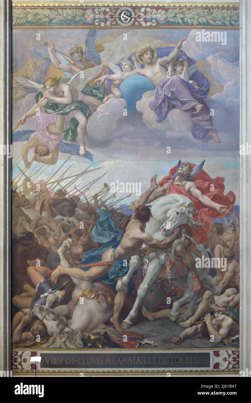 La Batalla de Tolbiac representada en la pintura mural del pintor francés Paul-Joseph Blanc (1874) en el Panteón de París, Francia. Foto de stock