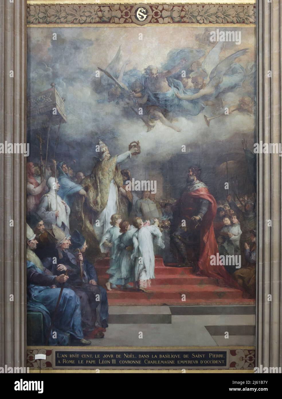 Coronación de Carlomagno representada en la pintura mural del pintor francés Henri-Léopold Lévy (1874) en el Panteón de París, Francia. Foto de stock