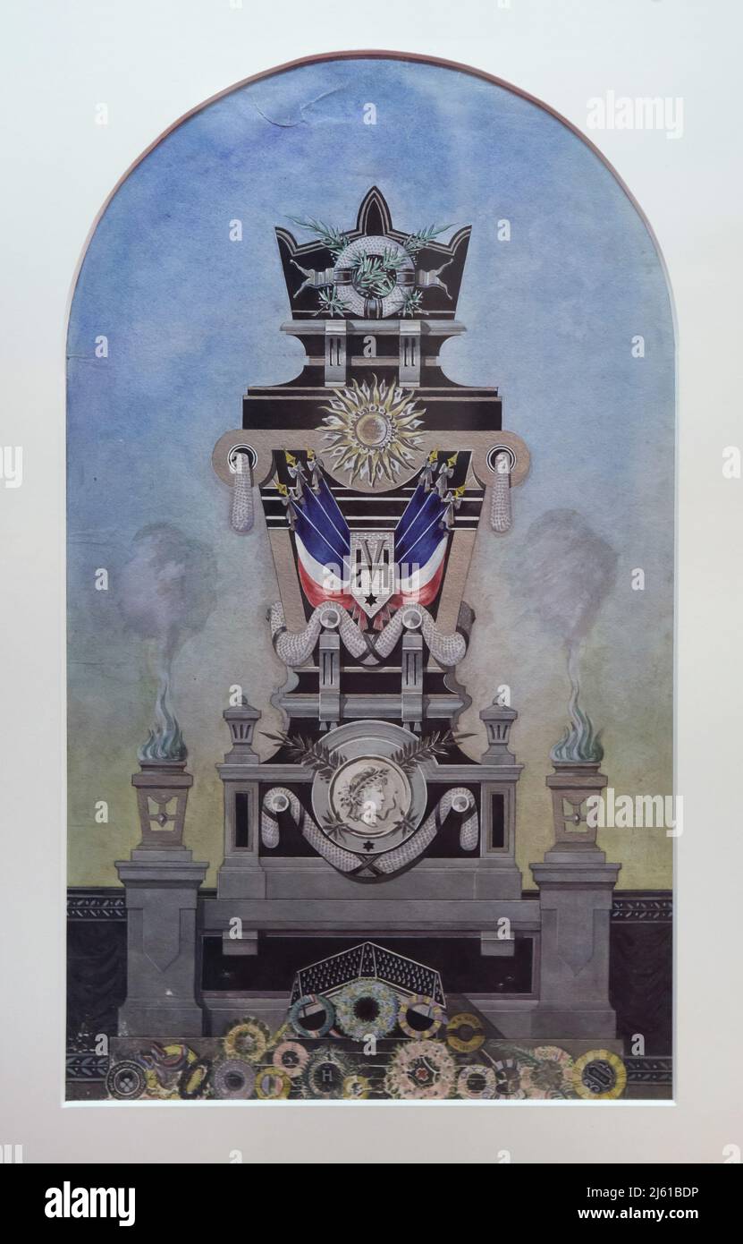 Diseño para el cenotafio del novelista francés Victor Hugo diseñado por el arquitecto francés Charles Garnier (1885). El cenotafio fue instalado temporalmente bajo el Arco del Triunfo en París, Francia, durante el funeral estatal de Víctor Hugo en mayo de 1885. Foto de stock